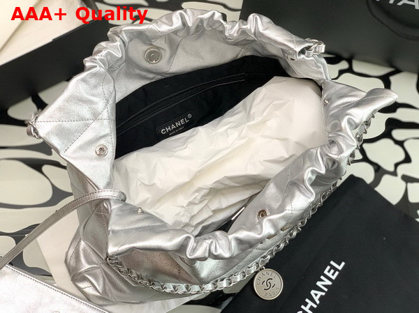 Chanel 22 Handbag Silver Metallic Calfskin Silver Tone Metal AS3261 Replica