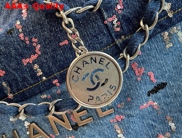 Chanel 22 Handbag in Blue Denim and Sequins AS3261 Replica