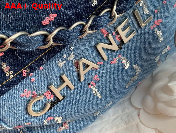 Chanel 22 Handbag in Blue Denim and Sequins AS3261 Replica