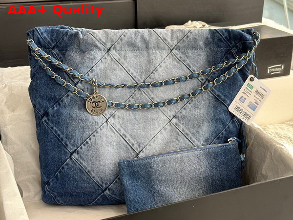 Chanel 22 Handbag in Light Blue and Blue Washed Denim Silver Tone Metal AS3261 Replica