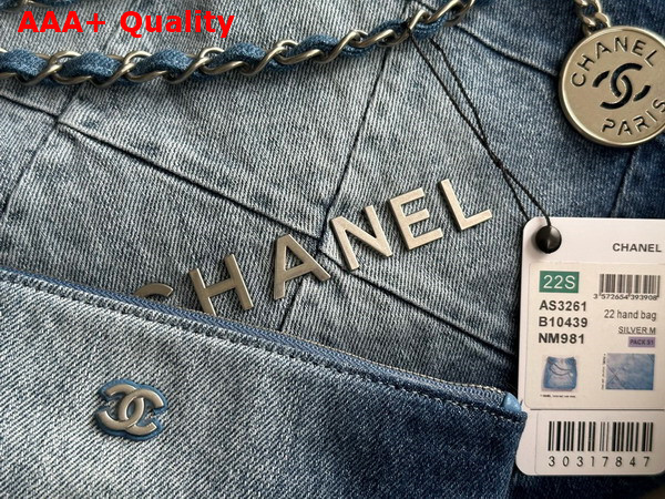 Chanel 22 Handbag in Light Blue and Blue Washed Denim Silver Tone Metal AS3261 Replica