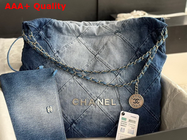 Chanel 22 Handbag in Light Blue and Blue Washed Denim Silver Tone Metal AS3261 Replica