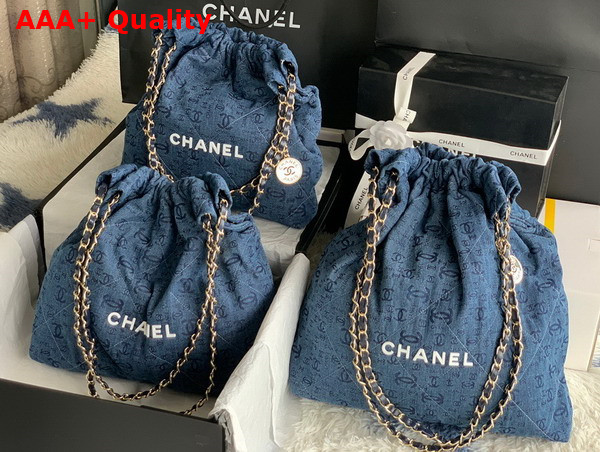 Chanel 22 Large Handbag in Blue Printed Denim Replica