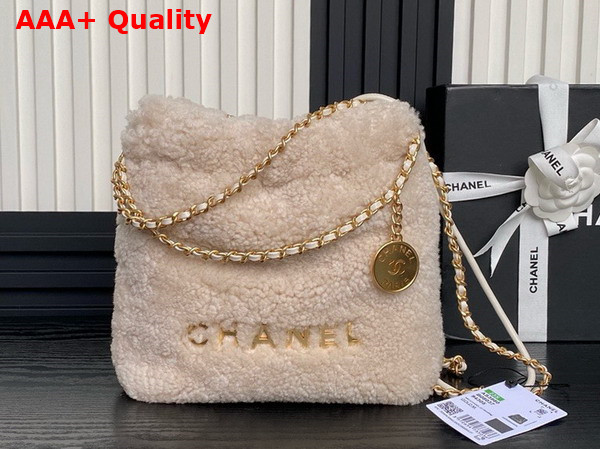 Chanel 22 Mini Handbag Shearling Lambskin Gold Tone Metal Ecru AS3980 Replica