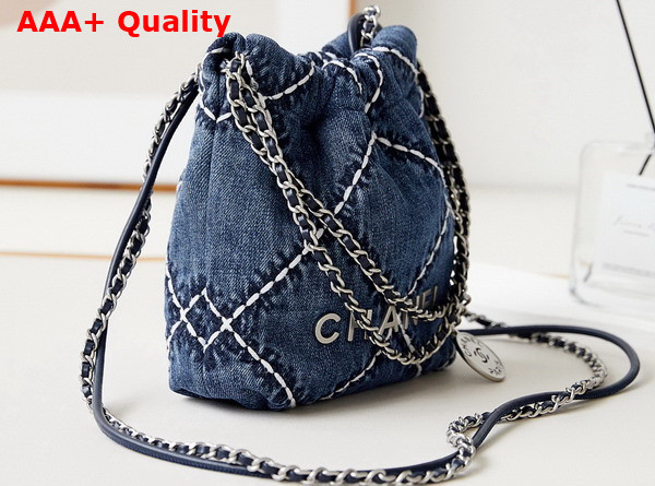 Chanel 22 Mini Handbag Stitched Denim Silver Tone Metal Blue Ref AS3980 Replica