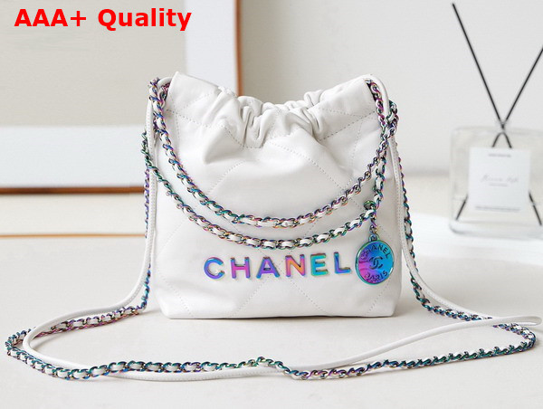 Chanel 22 Mini Handbag White Shiny Crumpled Calfskin Rainbow Metal Ref AS3980 Replica