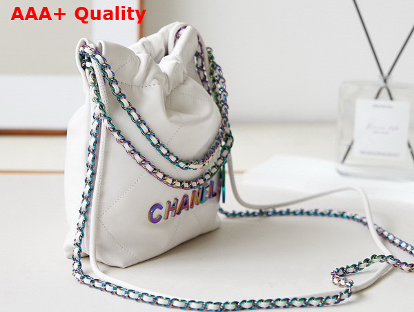 Chanel 22 Mini Handbag White Shiny Crumpled Calfskin Rainbow Metal Ref AS3980 Replica