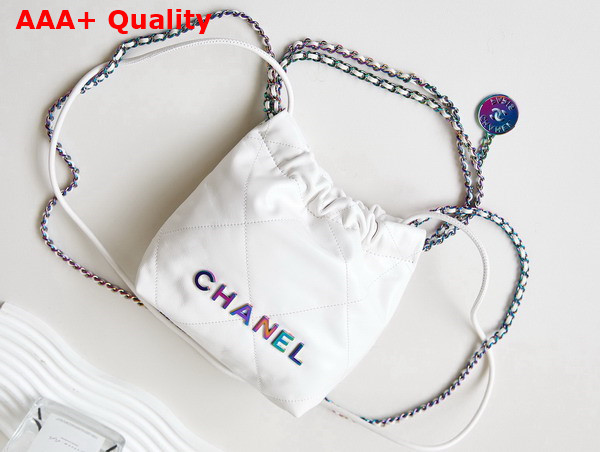 Chanel 22 Mini Handbag White Shiny Crumpled Calfskin Rainbow Metal Ref AS3980 Replica