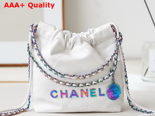 Chanel 22 Mini Handbag White Shiny Crumpled Calfskin Rainbow Metal Ref AS3980 Replica