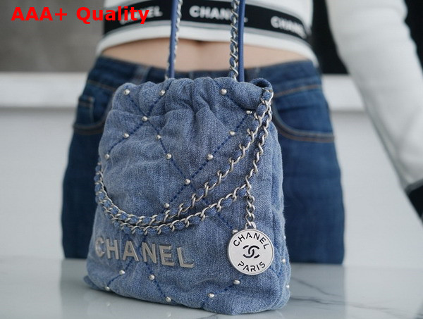 Chanel 22 Mini Handbag in Blue Washed Denim Silver Tone Metal Ref AS3980 Replica