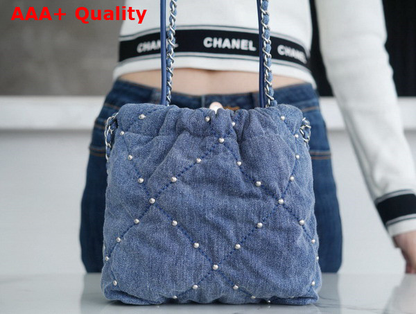 Chanel 22 Mini Handbag in Blue Washed Denim Silver Tone Metal Ref AS3980 Replica