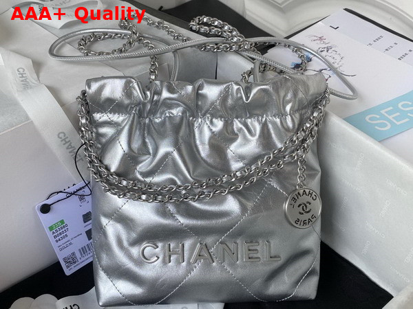 Chanel 22 Mini Handbag in Silver Shiny Crumpled Calfskin Gold Tone Metal AS3980 Replica