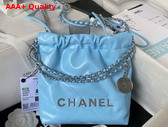 Chanel 22 Mini Handbag in Sky Blue Shiny Crumpled Calfskin Silver Tone Metal AS3980 Replica