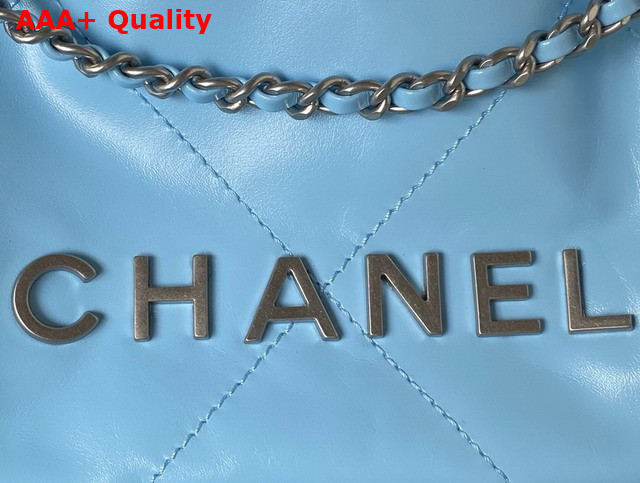 Chanel 22 Mini Handbag in Sky Blue Shiny Crumpled Calfskin Silver Tone Metal AS3980 Replica