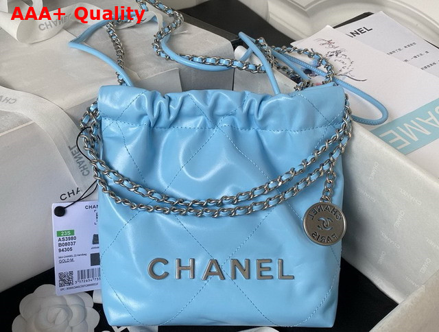 Chanel 22 Mini Handbag in Sky Blue Shiny Crumpled Calfskin Silver Tone Metal AS3980 Replica