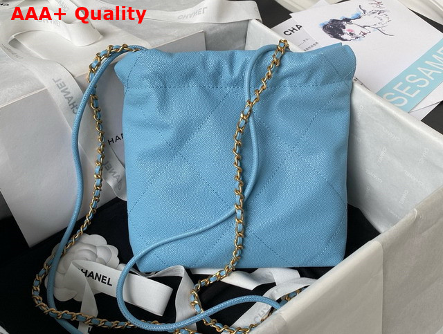 Chanel 22 Mini Handbag in Sky Blue Shiny Grained Calfskin Gold Tone Metal and Lacquered Metal AS3980 Replica