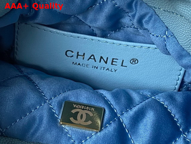 Chanel 22 Mini Handbag in Sky Blue Shiny Grained Calfskin Gold Tone Metal and Lacquered Metal AS3980 Replica