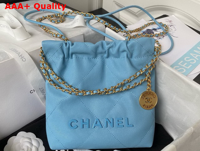 Chanel 22 Mini Handbag in Sky Blue Shiny Grained Calfskin Gold Tone Metal and Lacquered Metal AS3980 Replica