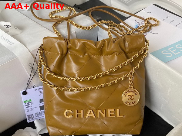 Chanel 22 Mini Handbag in Tan Shiny Crumpled Calfskin Gold Tone Metal AS3980 Replica