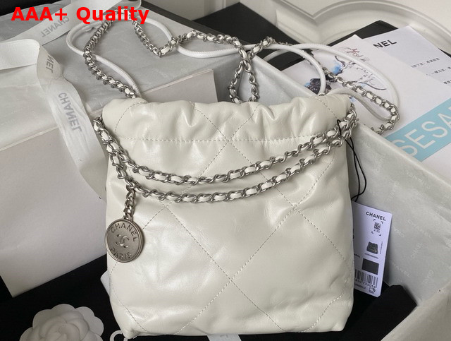 Chanel 22 Mini Handbag in White Shiny Crumpled Calfskin Silver Tone Metal AS3980 Replica