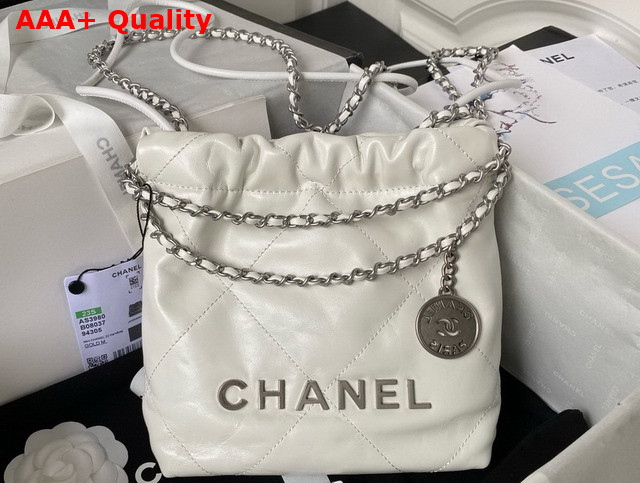 Chanel 22 Mini Handbag in White Shiny Crumpled Calfskin Silver Tone Metal AS3980 Replica