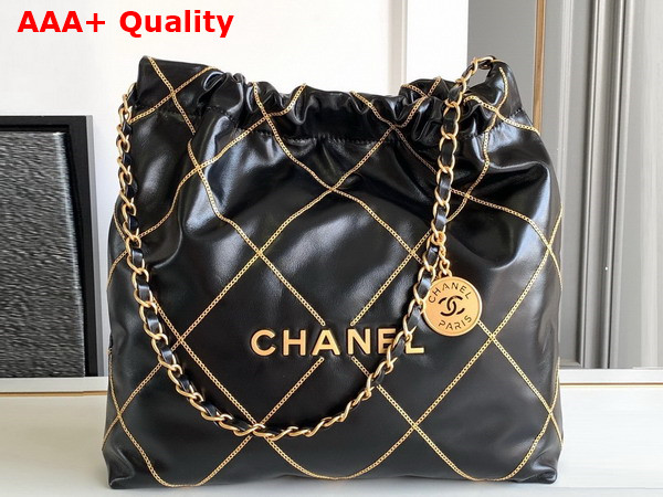 Chanel 22 Small Handbag Shiny Calfskin and Gold Tone Mtal Black AS3260 Replica