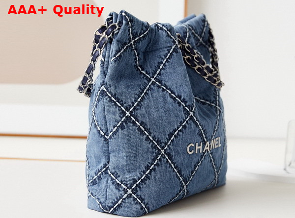 Chanel 22 Small Handbag Stitched Denim Silver Tone Metal Blue Ref AS3260 Replica