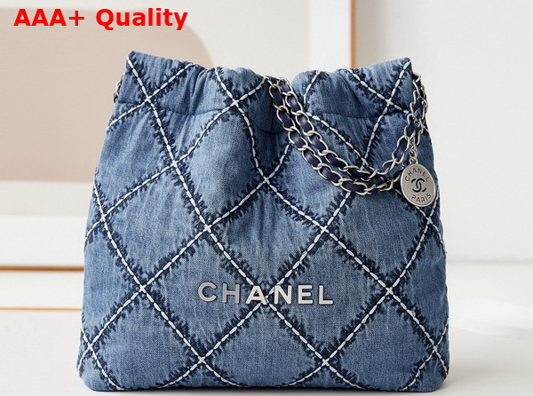 Chanel 22 Small Handbag Stitched Denim Silver Tone Metal Blue Ref AS3260 Replica