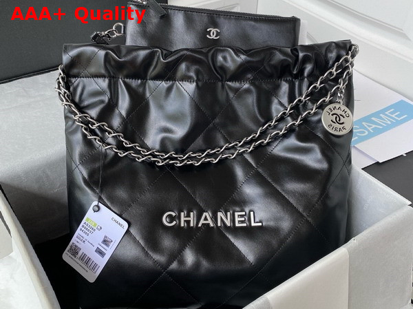 Chanel 22 Small Handbag in Black Shiny Calfskin Silver Tone Metal AS3260 Replica