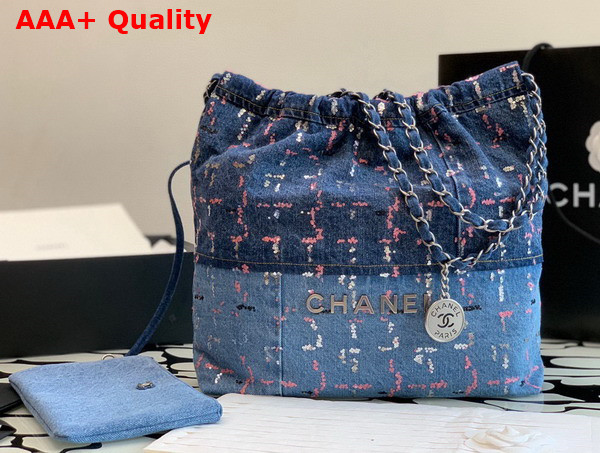 Chanel 22 Small Handbag in Blue Denim and Sequins AS3260 Replica