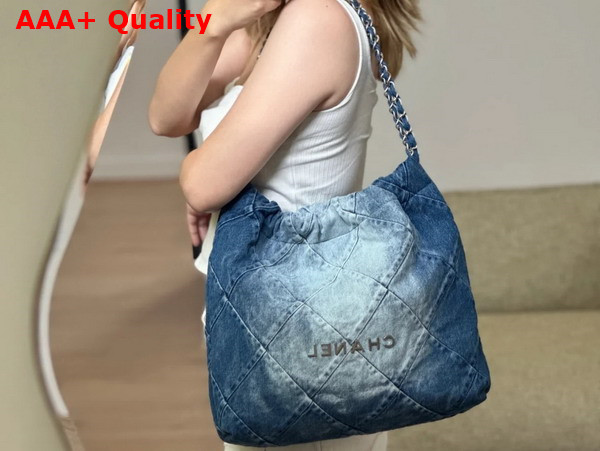 Chanel 22 Small Handbag in Light Blue and Blue Washed Denim Silver Tone Metal AS3260 Replica