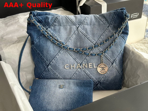 Chanel 22 Small Handbag in Light Blue and Blue Washed Denim Silver Tone Metal AS3260 Replica