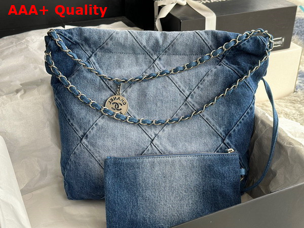 Chanel 22 Small Handbag in Light Blue and Blue Washed Denim Silver Tone Metal AS3260 Replica