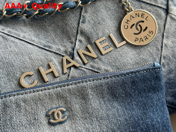 Chanel 22 Small Handbag in Light Blue and Blue Washed Denim Silver Tone Metal AS3260 Replica