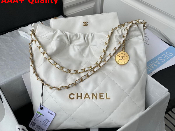 Chanel 22 Small Handbag in White Shiny Calfskin Gold Tone Metal AS3260 Replica