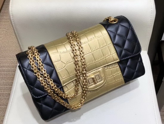 Chanel 255 Handbag Lambskin Crocodile Embossed Calfskin and Gold Tone Metal Black and Gold A37586