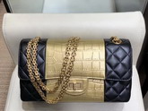 Chanel 255 Handbag Lambskin Crocodile Embossed Calfskin and Gold Tone Metal Black and Gold A37586