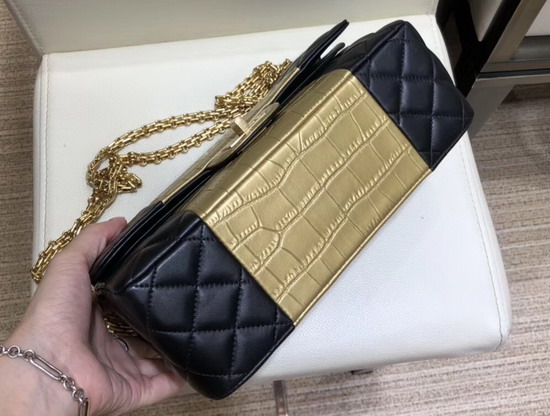 Chanel 255 Handbag Lambskin Crocodile Embossed Calfskin and Gold Tone Metal Black and Gold A37586