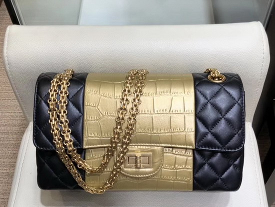 Chanel 255 Handbag Lambskin Crocodile Embossed Calfskin and Gold Tone Metal Black and Gold A37586