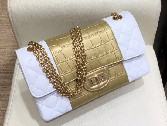 Chanel 255 Handbag Lambskin Crocodile Embossed Calfskin and Gold Tone Metal White and Gold A37586