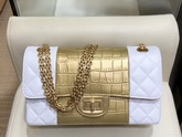 Chanel 255 Handbag Lambskin Crocodile Embossed Calfskin and Gold Tone Metal White and Gold A37586