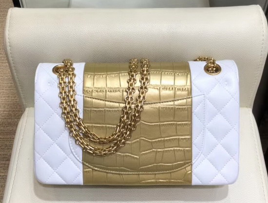 Chanel 255 Handbag Lambskin Crocodile Embossed Calfskin and Gold Tone Metal White and Gold A37586