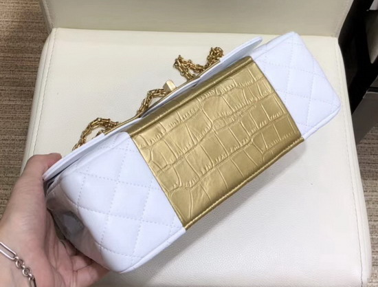 Chanel 255 Handbag Lambskin Crocodile Embossed Calfskin and Gold Tone Metal White and Gold A37586