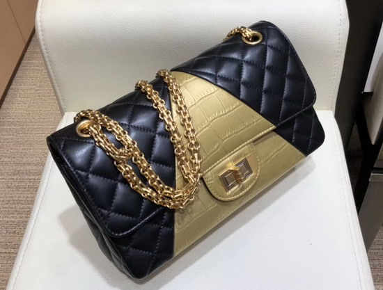 Chanel 255 Handbag in Black Lambskin and Gold Crocodile Embossed Calfskin A37586