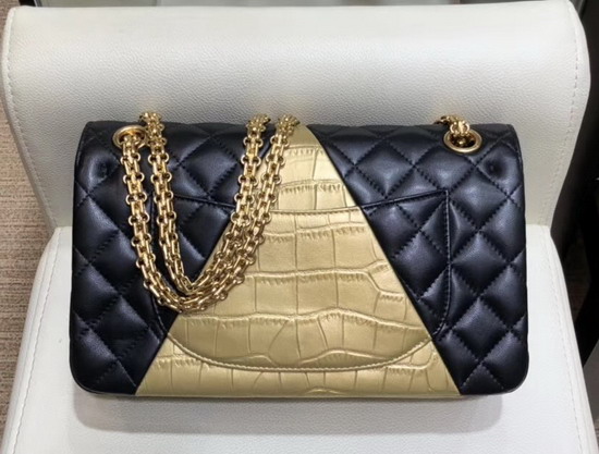 Chanel 255 Handbag in Black Lambskin and Gold Crocodile Embossed Calfskin A37586