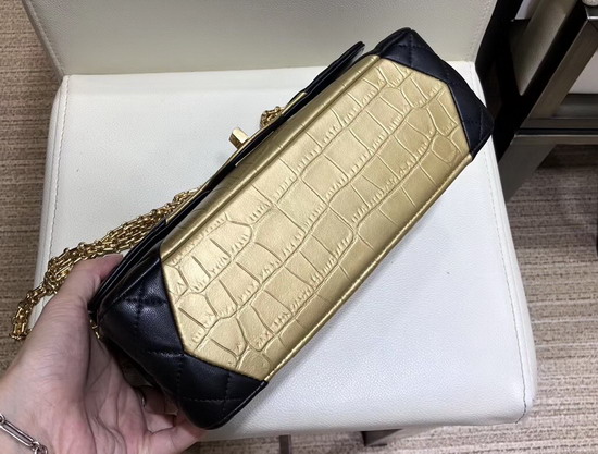 Chanel 255 Handbag in Black Lambskin and Gold Crocodile Embossed Calfskin A37586