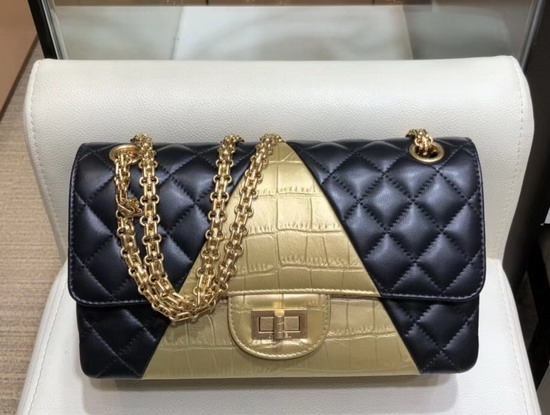 Chanel 255 Handbag in Black Lambskin and Gold Crocodile Embossed Calfskin A37586