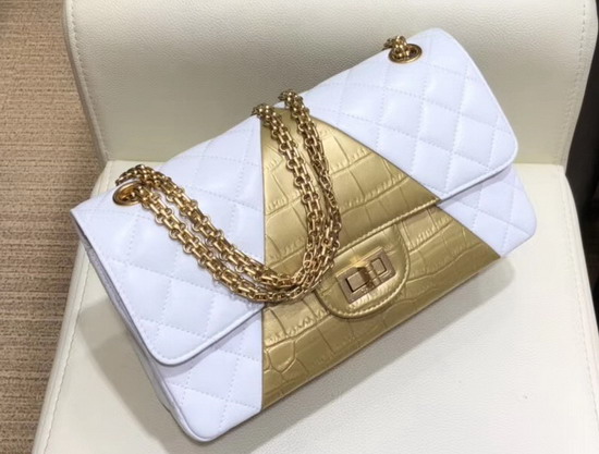 Chanel 255 Handbag in White Lambskin and Gold Crocodile Embossed Calfskin A37586