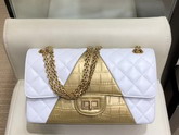 Chanel 255 Handbag in White Lambskin and Gold Crocodile Embossed Calfskin A37586