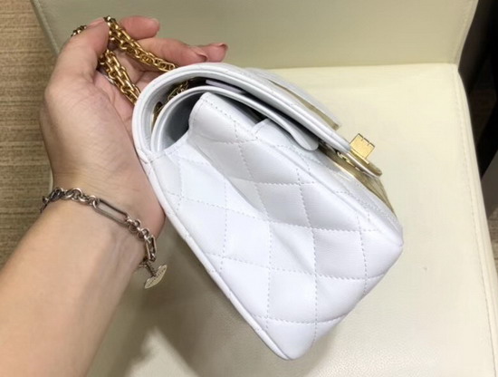 Chanel 255 Handbag in White Lambskin and Gold Crocodile Embossed Calfskin A37586